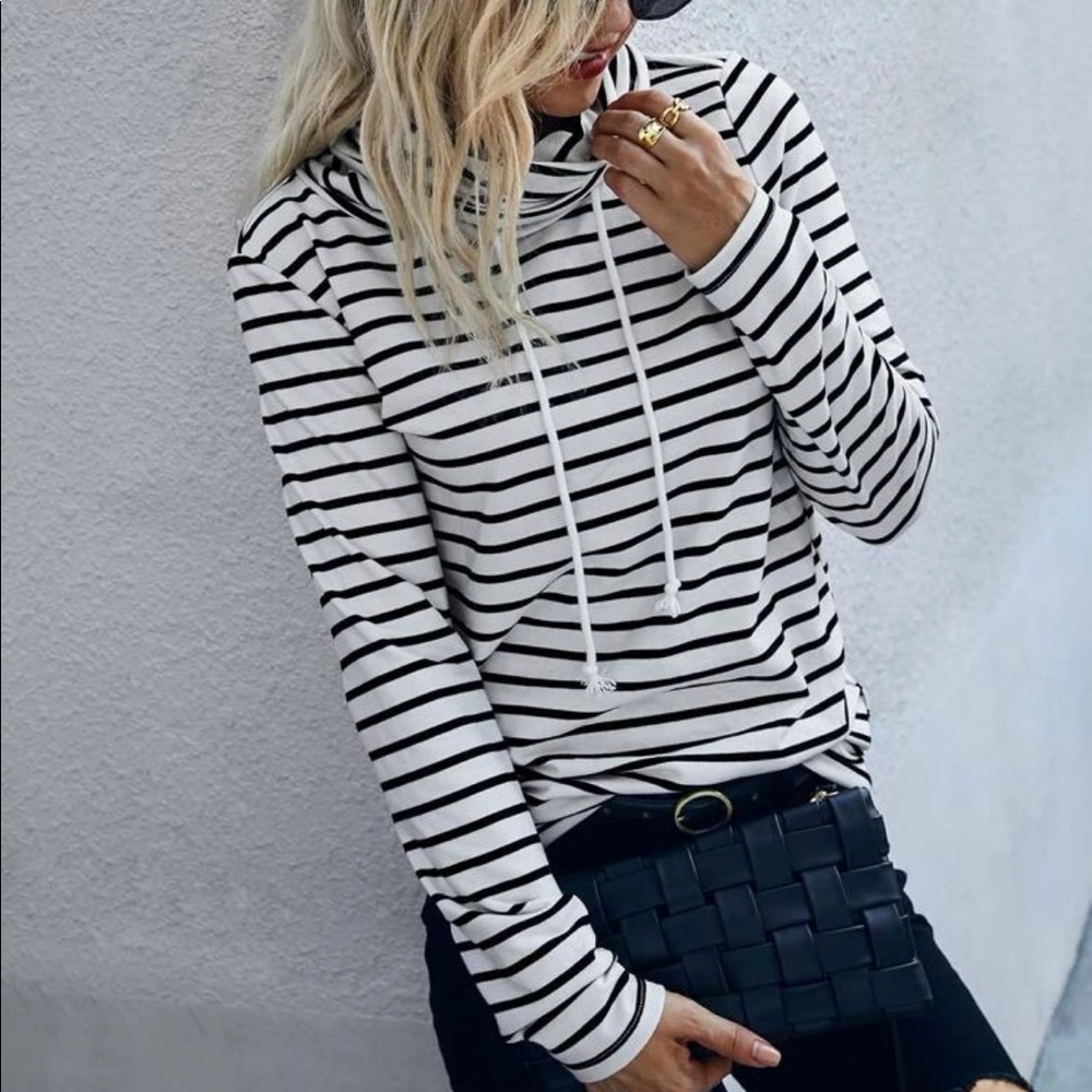 Striped High Neck Drawstring Tee